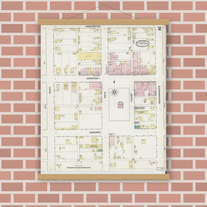 Old map wall art mockup — magnetic wood frame on brick wall — Sanborn Fire Insurance Map from Tipton, Tipton County, Indiana (1890), Sheet #0002