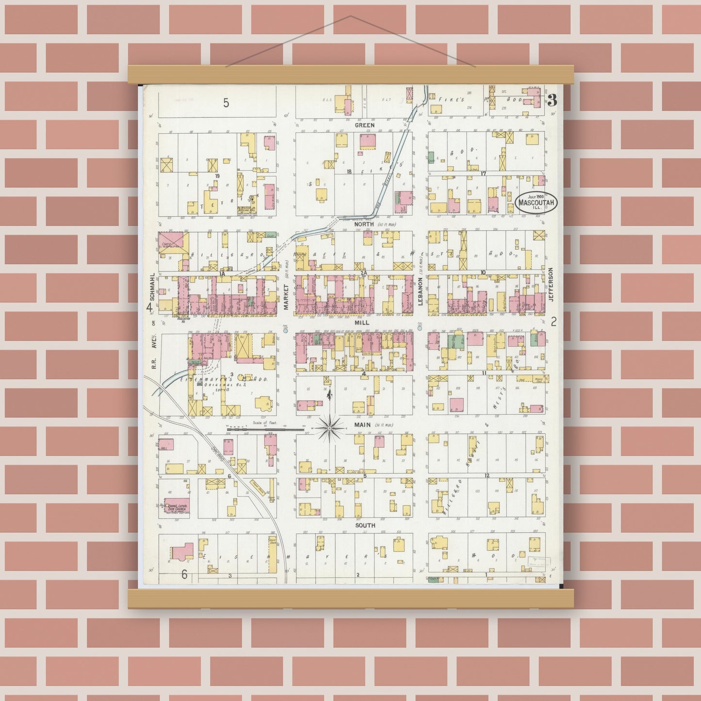 Old map wall art mockup — magnetic wood frame on brick wall — Sanborn Fire Insurance Map from Mascoutah, Saint Clair County, Illinois (1900), Sheet #0003