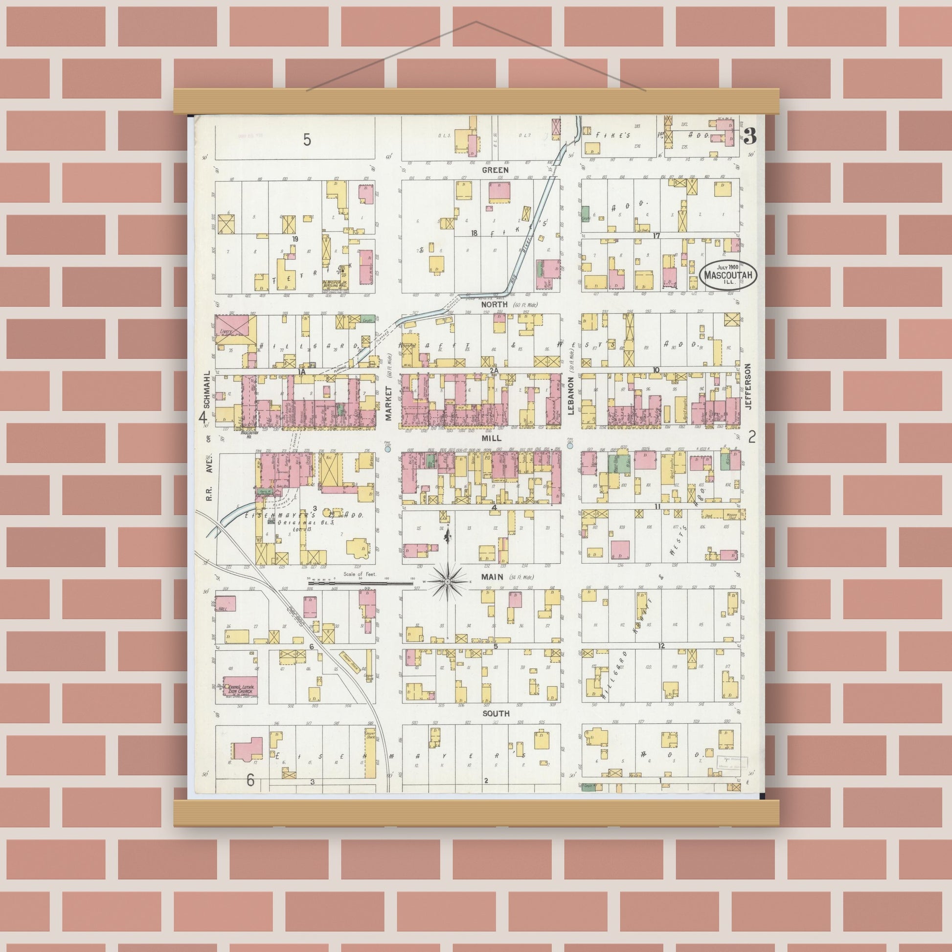 Old map wall art mockup — magnetic wood frame on brick wall — Sanborn Fire Insurance Map from Mascoutah, Saint Clair County, Illinois (1900), Sheet #0003