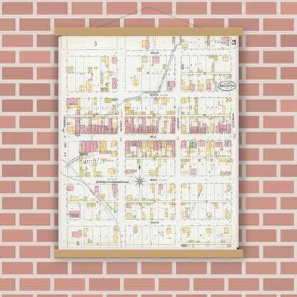 Old map wall art mockup — magnetic wood frame on brick wall — Sanborn Fire Insurance Map from Mascoutah, Saint Clair County, Illinois (1900), Sheet #0003