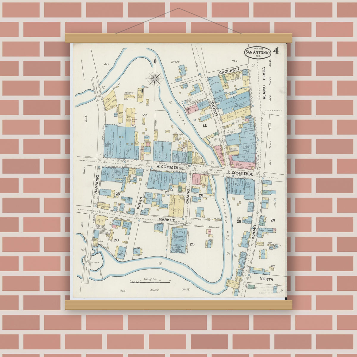 Old map wall art mockup — magnetic wood frame on brick wall — Sanborn Fire Insurance Map from San Antonio, Bexar County, Texas (1888), Sheet #0004