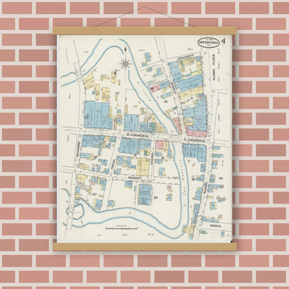 Old map wall art mockup — magnetic wood frame on brick wall — Sanborn Fire Insurance Map from San Antonio, Bexar County, Texas (1888), Sheet #0004