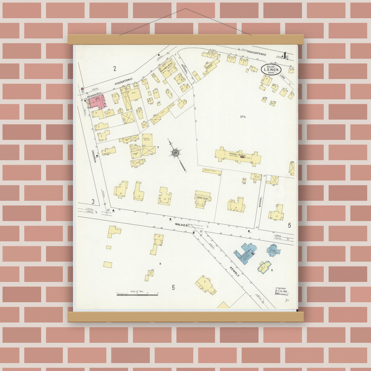 Old map wall art mockup — magnetic wood frame on brick wall — Sanborn Fire Insurance Map from Lenox, Berkshire County, Massachusetts (1911), Sheet #0004