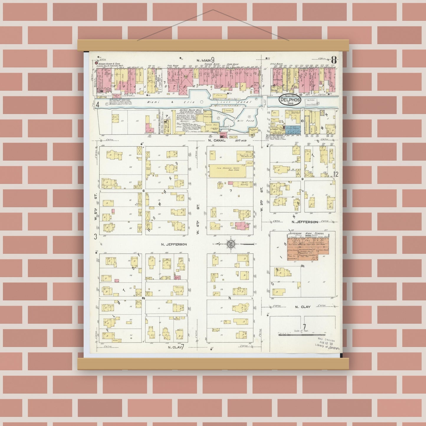Old map wall art mockup — magnetic wood frame on brick wall — Sanborn Fire Insurance Map from Delphos, Van Wert And Allen Counties, Ohio (1911), Sheet #0008