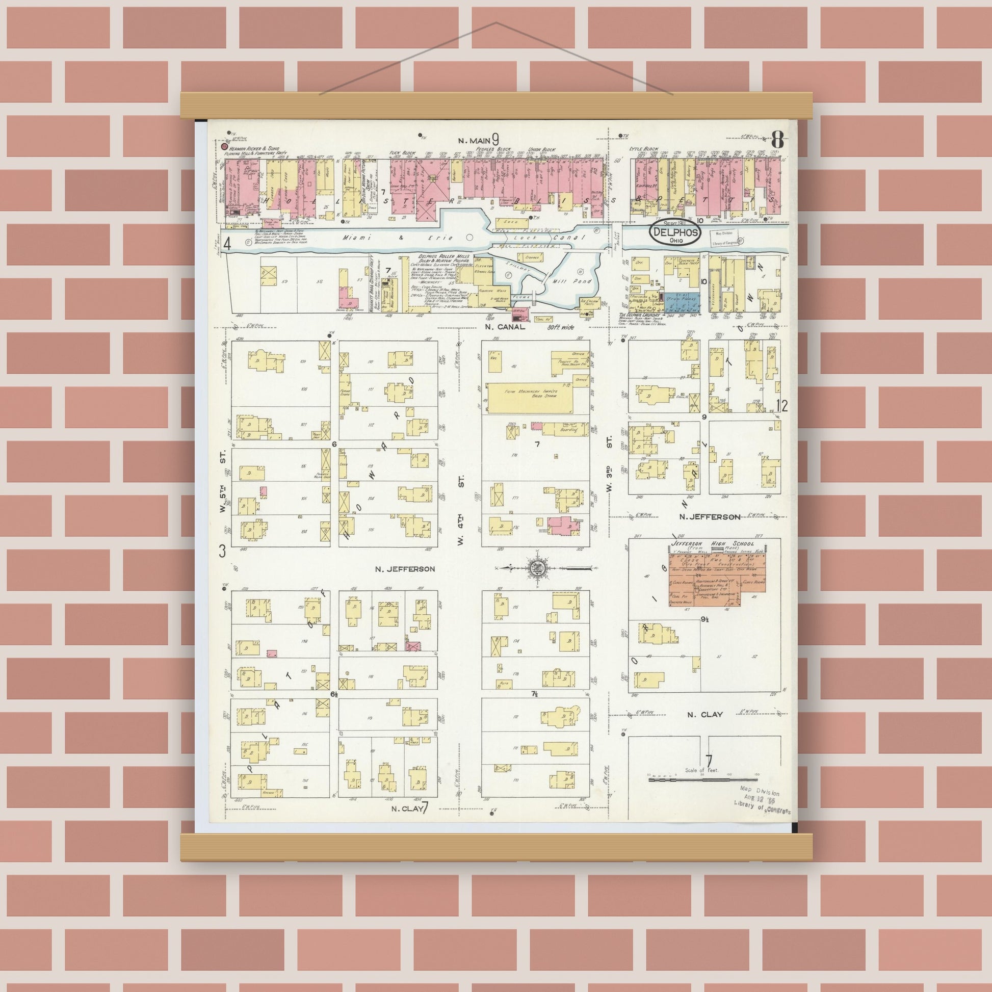 Old map wall art mockup — magnetic wood frame on brick wall — Sanborn Fire Insurance Map from Delphos, Van Wert And Allen Counties, Ohio (1911), Sheet #0008