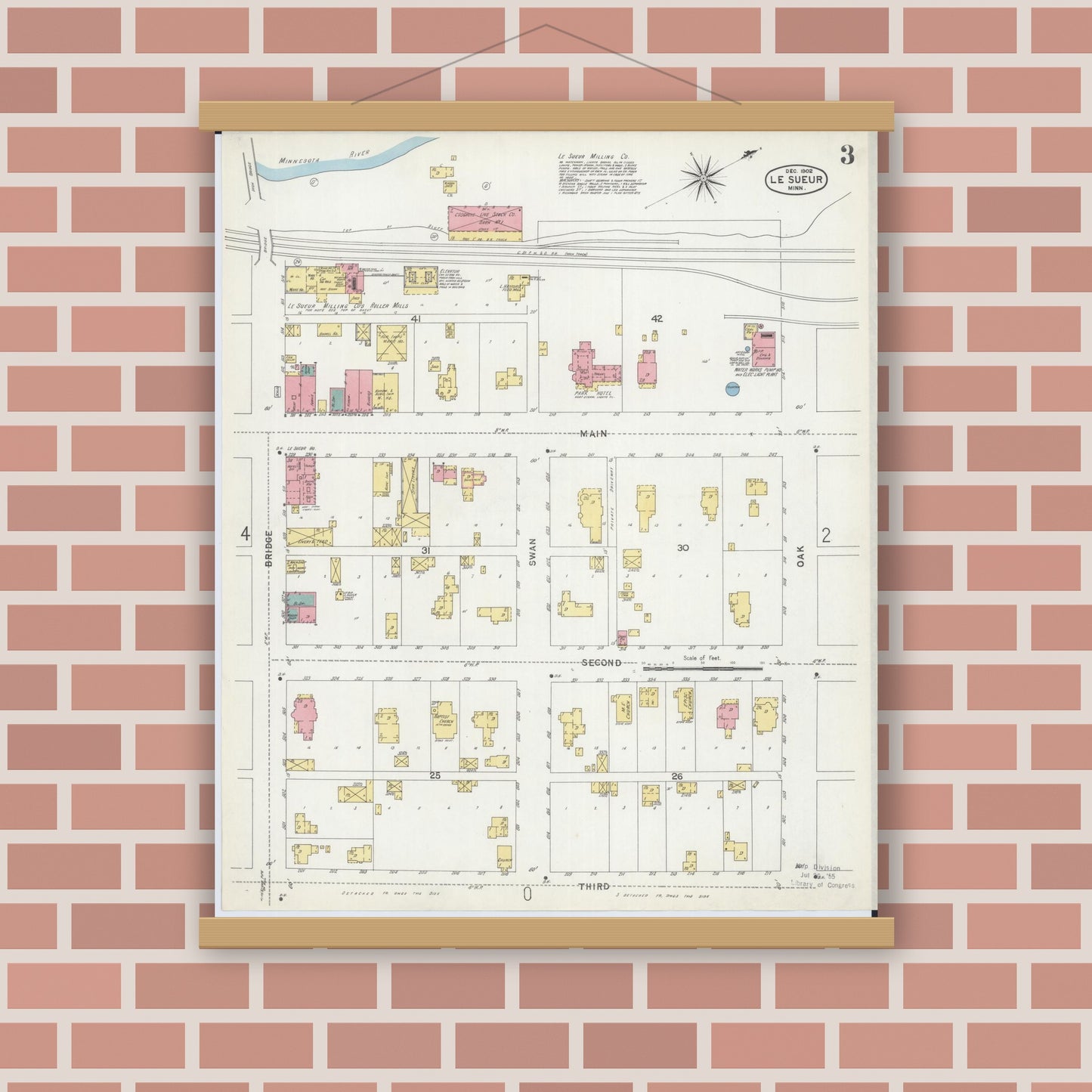 Old map wall art mockup — magnetic wood frame on brick wall — Sanborn Fire Insurance Map from Le Sueur, Le Sueur County, Minnesota (1902), Sheet #0003