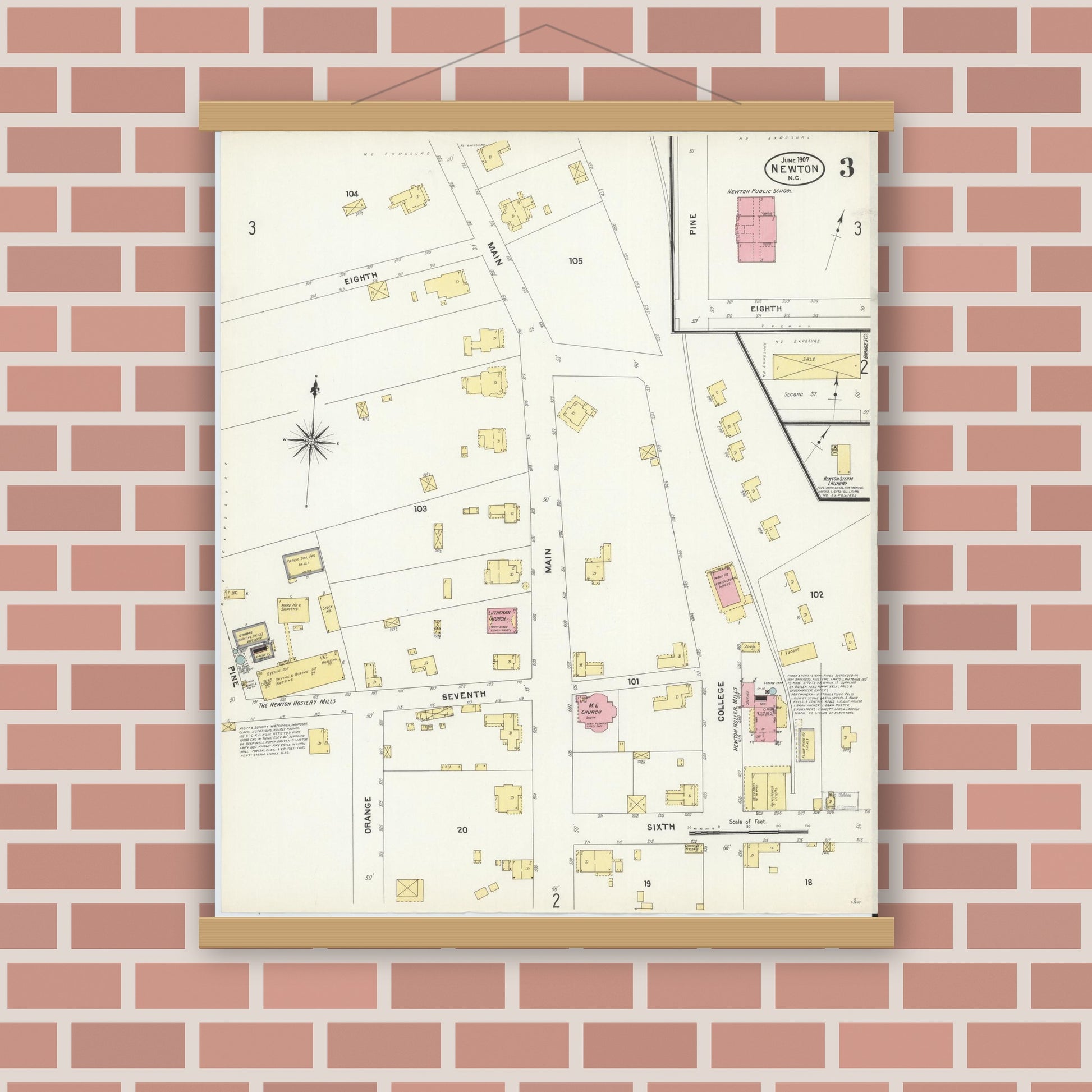 Old map wall art mockup — magnetic wood frame on brick wall — Sanborn Fire Insurance Map from Newton, Catawba County, North Carolina (1907), Sheet #0003