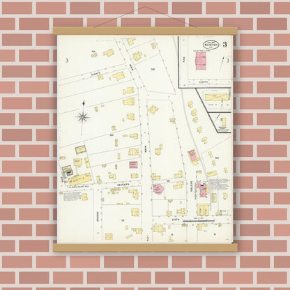 Old map wall art mockup — magnetic wood frame on brick wall — Sanborn Fire Insurance Map from Newton, Catawba County, North Carolina (1907), Sheet #0003