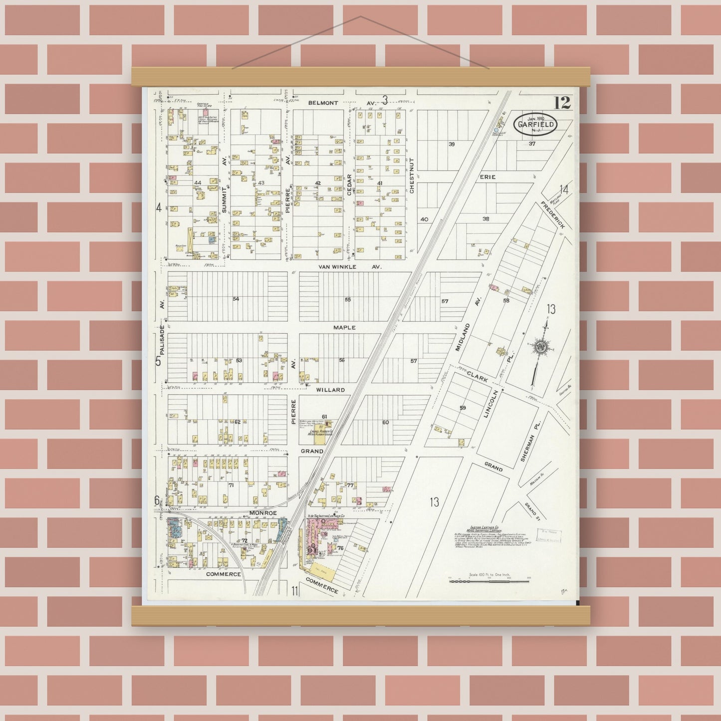 Old map wall art mockup — magnetic wood frame on brick wall — Sanborn Fire Insurance Map from Garfield, Bergen County, New Jersey (1910), Sheet #0012
