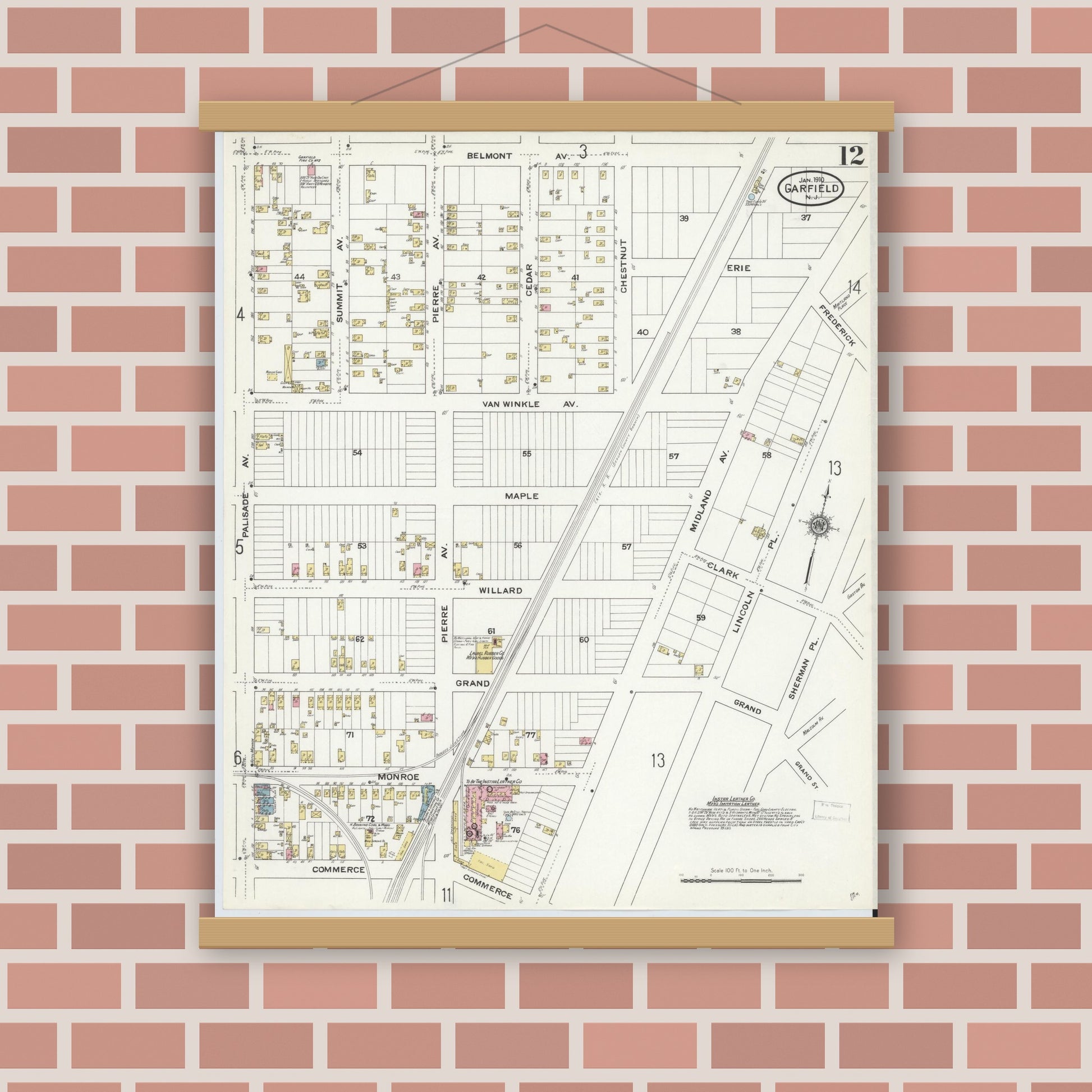 Old map wall art mockup — magnetic wood frame on brick wall — Sanborn Fire Insurance Map from Garfield, Bergen County, New Jersey (1910), Sheet #0012
