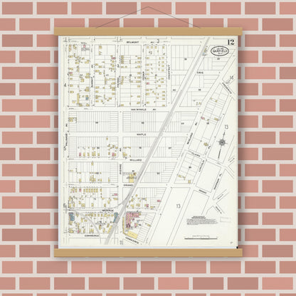 Old map wall art mockup — magnetic wood frame on brick wall — Sanborn Fire Insurance Map from Garfield, Bergen County, New Jersey (1910), Sheet #0012