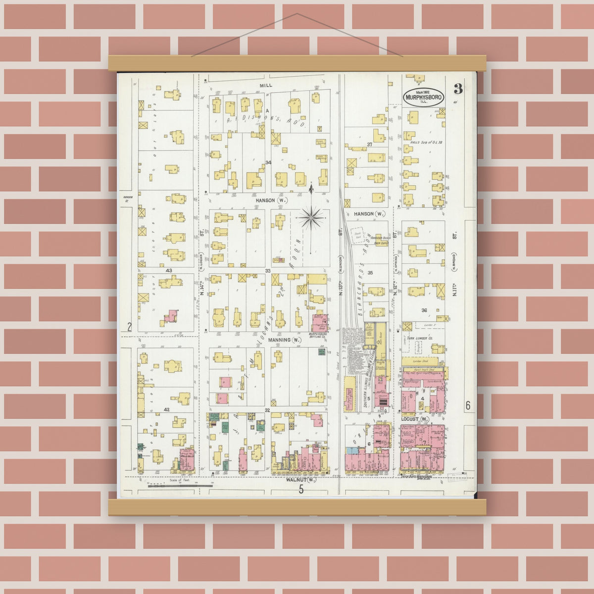 Old map wall art mockup — magnetic wood frame on brick wall — Sanborn Fire Insurance Map from Murphysboro, Jackson County, Illinois (1902), Sheet #0003