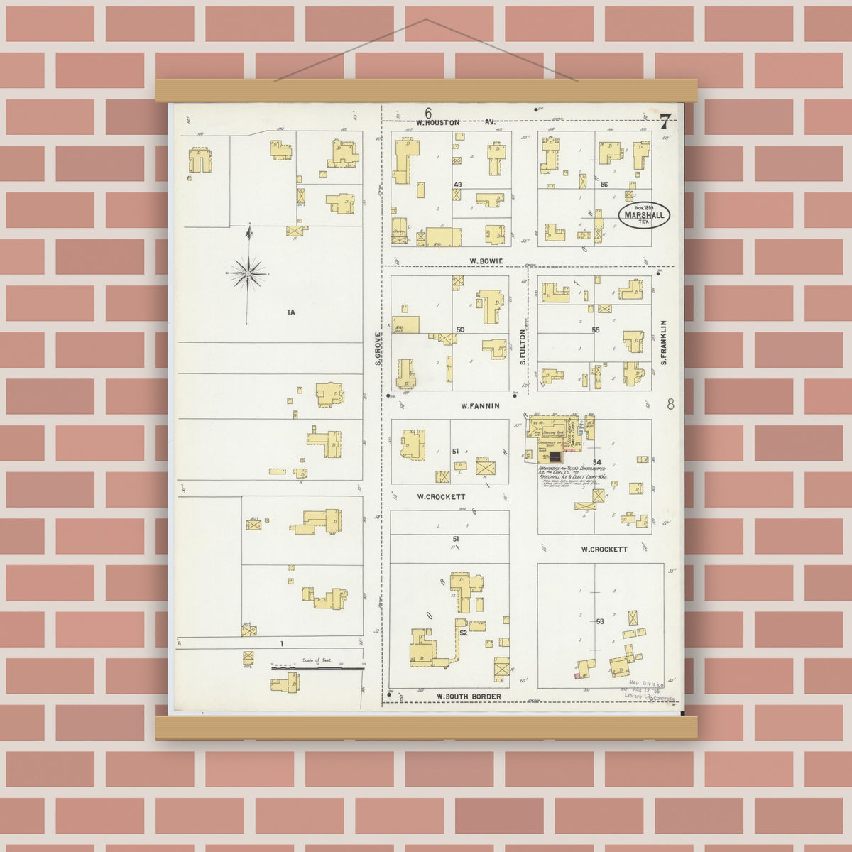 Old map wall art mockup — magnetic wood frame on brick wall — Sanborn Fire Insurance Map from Marshall, Harrison County, Texas (1899), Sheet #0007