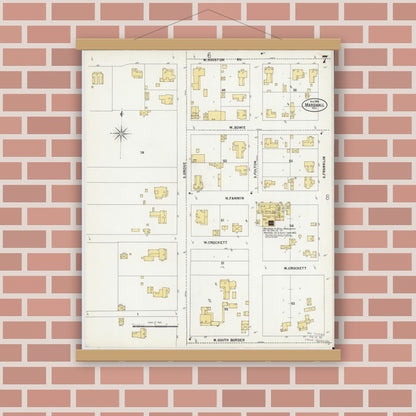 Old map wall art mockup — magnetic wood frame on brick wall — Sanborn Fire Insurance Map from Marshall, Harrison County, Texas (1899), Sheet #0007
