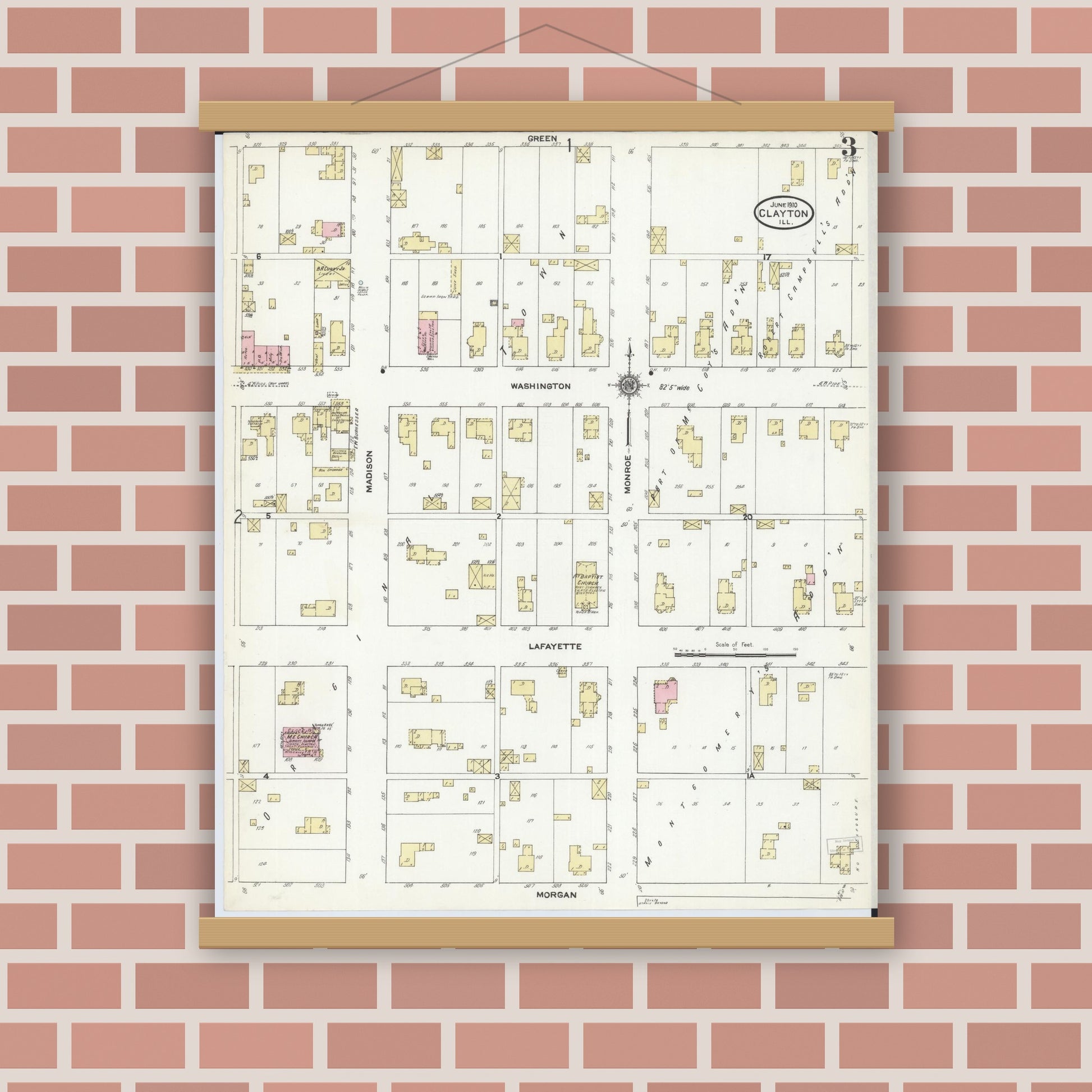 Old map wall art mockup — magnetic wood frame on brick wall — Sanborn Fire Insurance Map from Clayton, Adams County, Illinois (1910), Sheet #0003