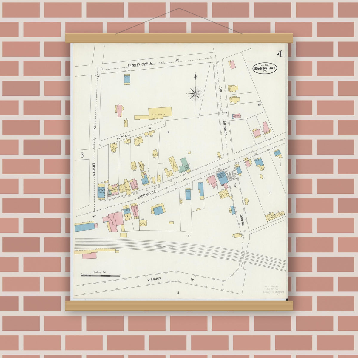 Old map wall art mockup — magnetic wood frame on brick wall — Sanborn Fire Insurance Map from Downingtown, Chester County, Pennsylvania (1898), Sheet #0004