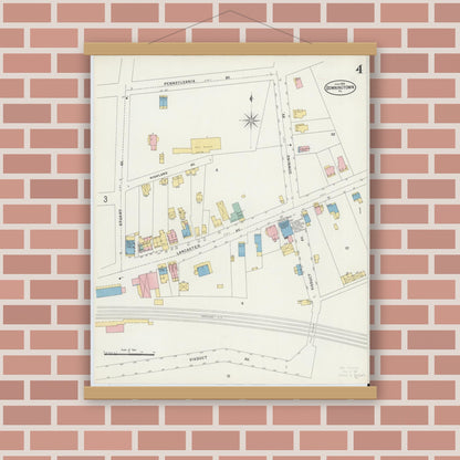 Old map wall art mockup — magnetic wood frame on brick wall — Sanborn Fire Insurance Map from Downingtown, Chester County, Pennsylvania (1898), Sheet #0004