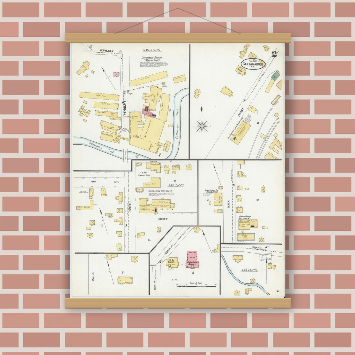 Old map wall art mockup — magnetic wood frame on brick wall — Sanborn Fire Insurance Map from Cattaraugus, Cattaraugus County, New York (1902), Sheet #0002