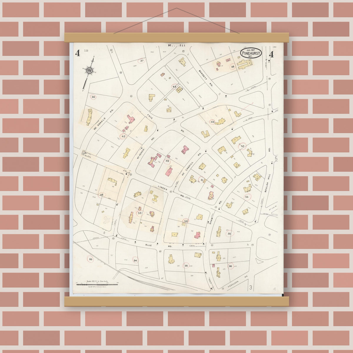 Old map wall art mockup — magnetic wood frame on brick wall — Sanborn Fire Insurance Map from Pinehurst, Moore County, North Carolina (1939), Sheet #0004