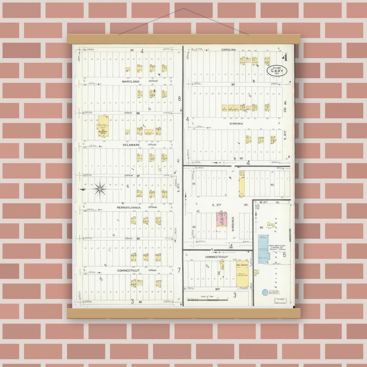 Old map wall art mockup — magnetic wood frame on brick wall — Sanborn Fire Insurance Map from Gary, Lake County, Indiana (1908), Sheet #0004