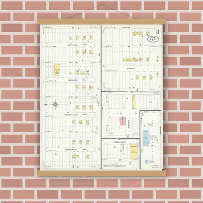Old map wall art mockup — magnetic wood frame on brick wall — Sanborn Fire Insurance Map from Gary, Lake County, Indiana (1908), Sheet #0004