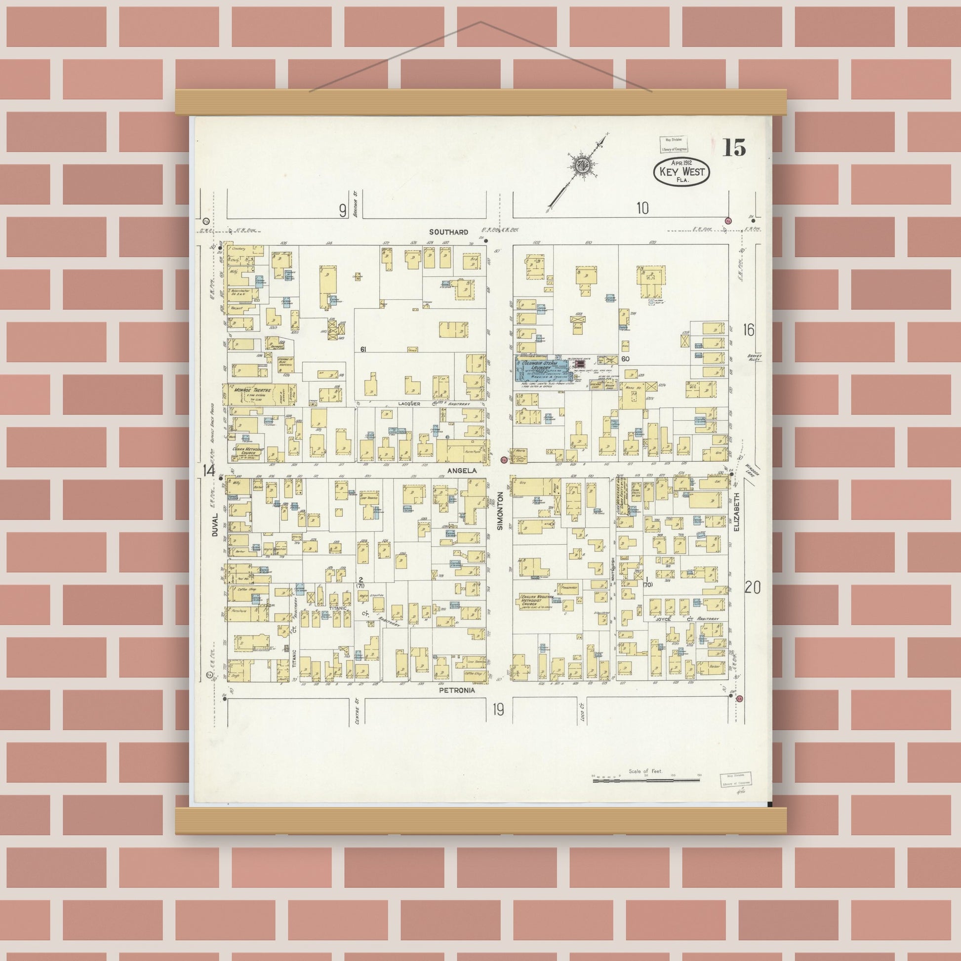 Old map wall art mockup — magnetic wood frame on brick wall — Sanborn Fire Insurance Map from Key West, Monroe County, Florida (1912), Sheet #0015