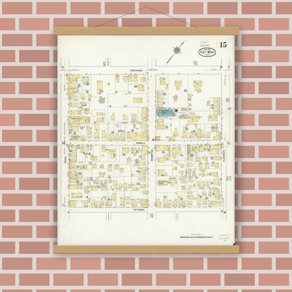 Old map wall art mockup — magnetic wood frame on brick wall — Sanborn Fire Insurance Map from Key West, Monroe County, Florida (1912), Sheet #0015