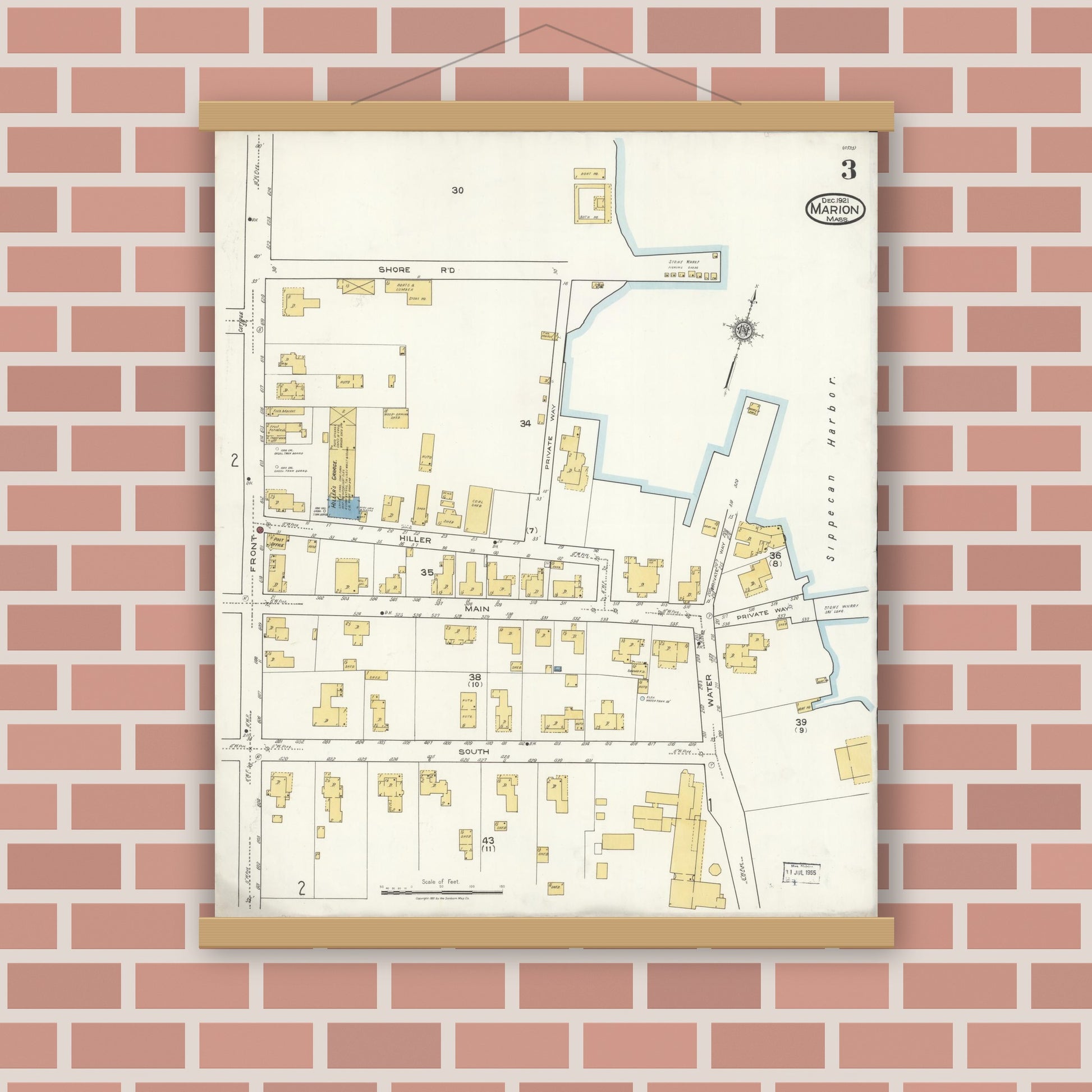 Old map wall art mockup — magnetic wood frame on brick wall — Sanborn Fire Insurance Map from Marion, Plymouth County, Massachusetts (1921), Sheet #0003