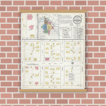 Old map wall art mockup — magnetic wood frame on brick wall — Sanborn Fire Insurance Map from Hutchinson, Mcleod County, Minnesota (1917), Sheet #0001
