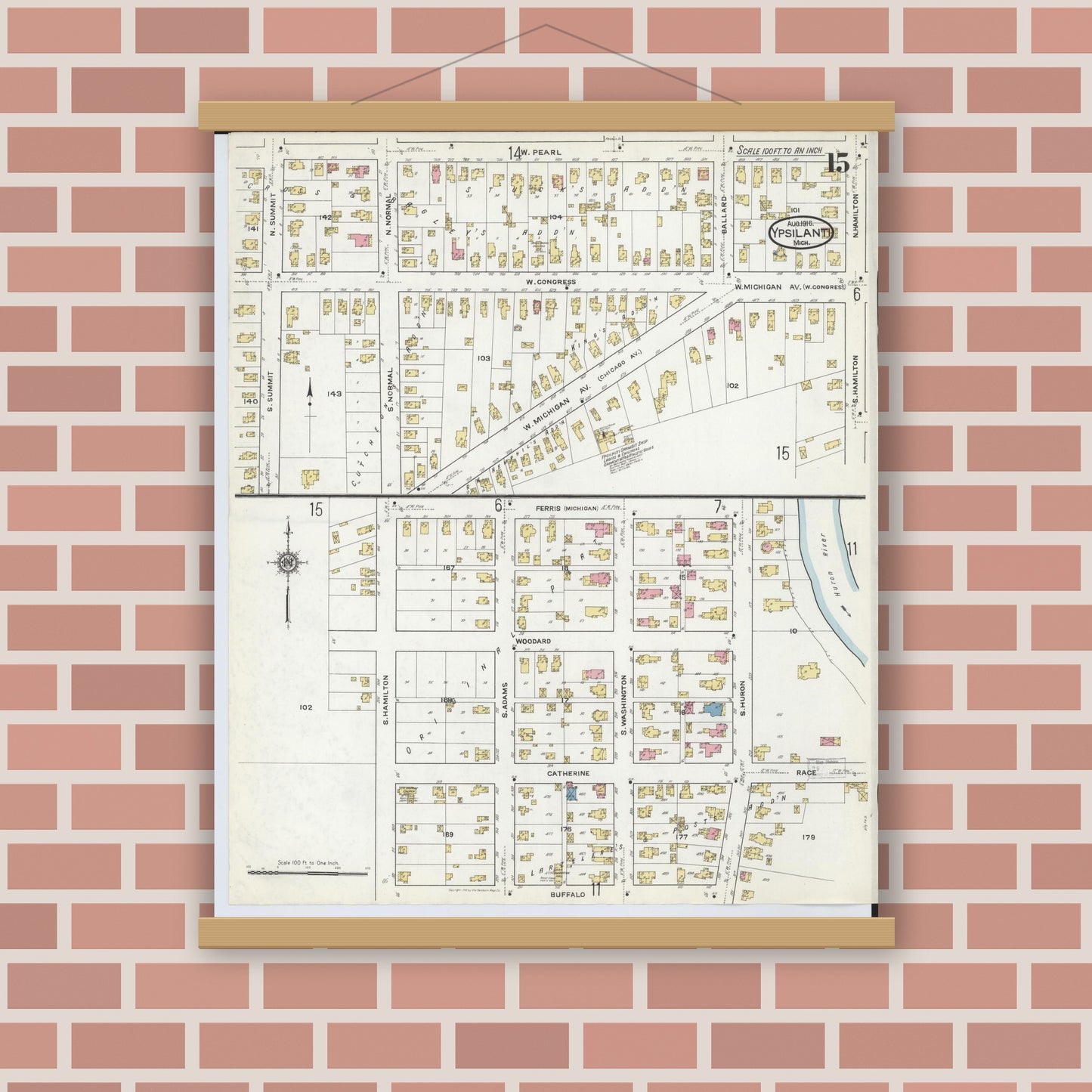Old map wall art mockup — magnetic wood frame on brick wall — Sanborn Fire Insurance Map from Ypsilanti, Washtenaw County, Michigan (1916), Sheet #0015