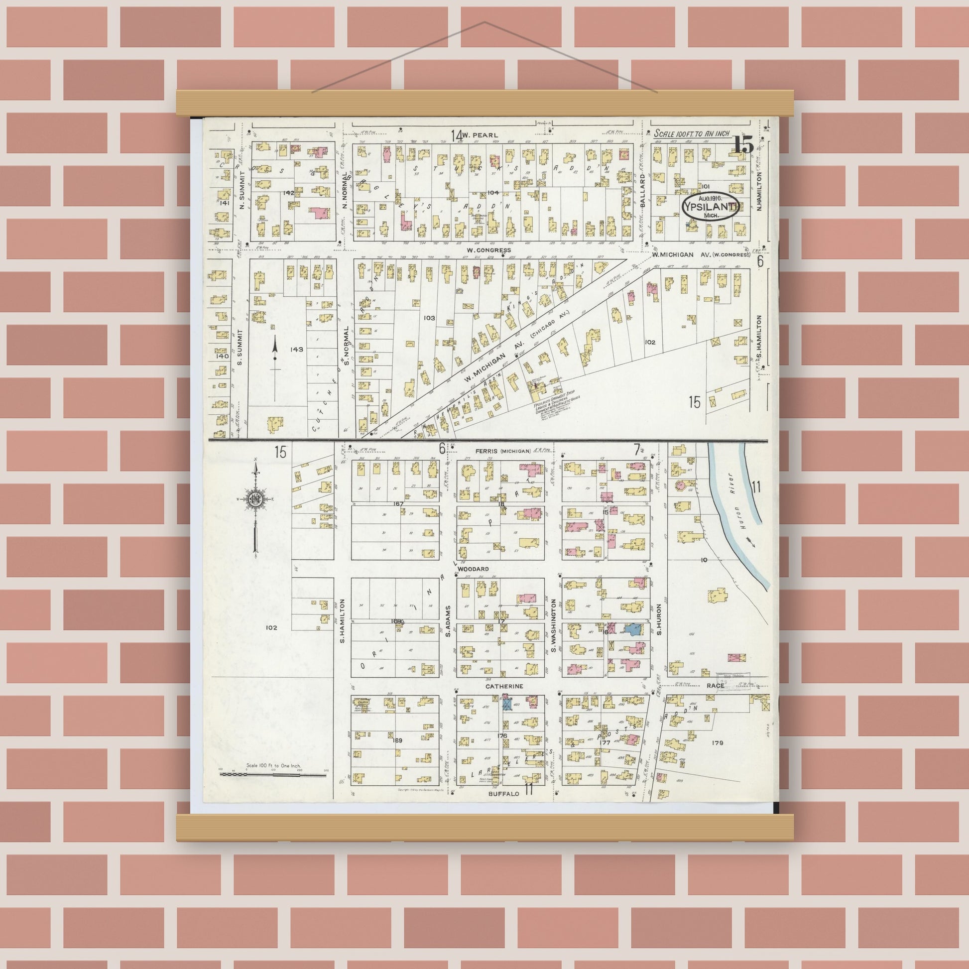 Old map wall art mockup — magnetic wood frame on brick wall — Sanborn Fire Insurance Map from Ypsilanti, Washtenaw County, Michigan (1916), Sheet #0015