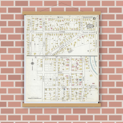 Old map wall art mockup — magnetic wood frame on brick wall — Sanborn Fire Insurance Map from Ypsilanti, Washtenaw County, Michigan (1916), Sheet #0015