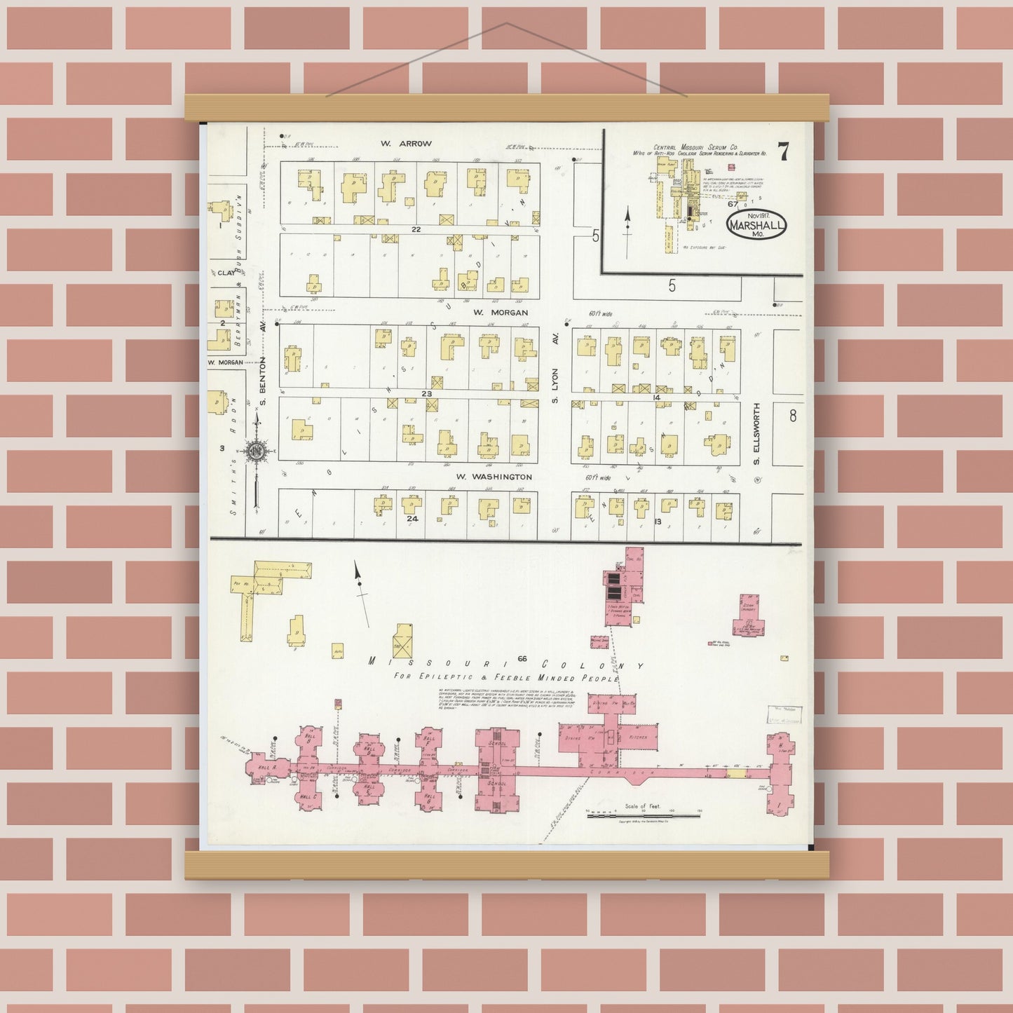 Old map wall art mockup — magnetic wood frame on brick wall — Sanborn Fire Insurance Map from Marshall, Saline County, Missouri (1917), Sheet #0007