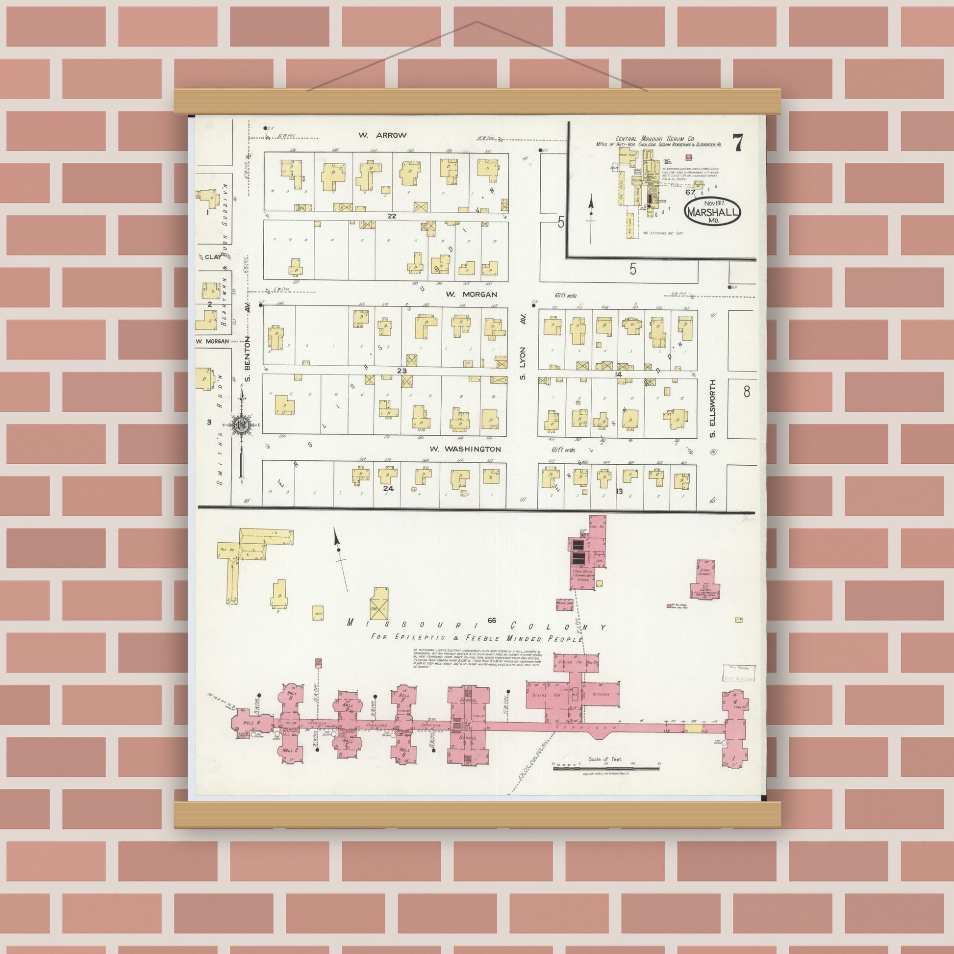 Old map wall art mockup — magnetic wood frame on brick wall — Sanborn Fire Insurance Map from Marshall, Saline County, Missouri (1917), Sheet #0007