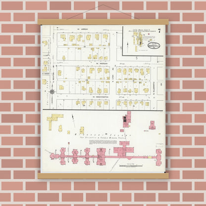 Old map wall art mockup — magnetic wood frame on brick wall — Sanborn Fire Insurance Map from Marshall, Saline County, Missouri (1917), Sheet #0007