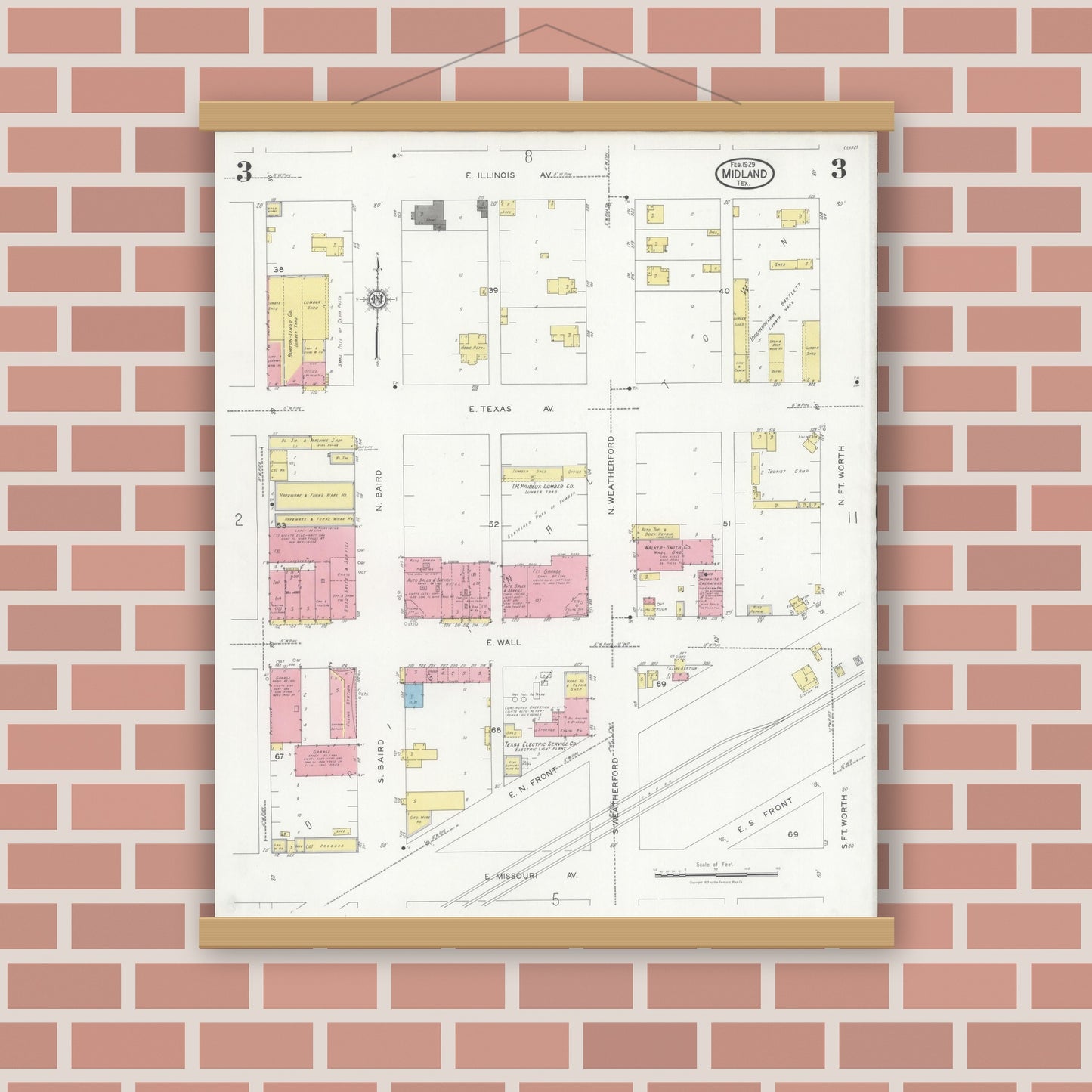 Old map wall art mockup — magnetic wood frame on brick wall — Sanborn Fire Insurance Map from Midland, Midland County, Texas (1929), Sheet #0003