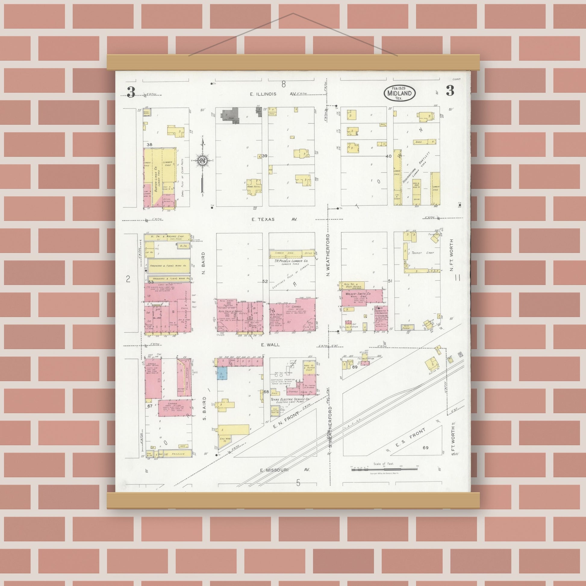 Old map wall art mockup — magnetic wood frame on brick wall — Sanborn Fire Insurance Map from Midland, Midland County, Texas (1929), Sheet #0003