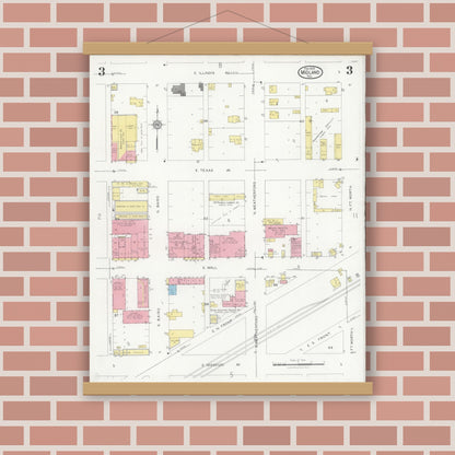 Old map wall art mockup — magnetic wood frame on brick wall — Sanborn Fire Insurance Map from Midland, Midland County, Texas (1929), Sheet #0003