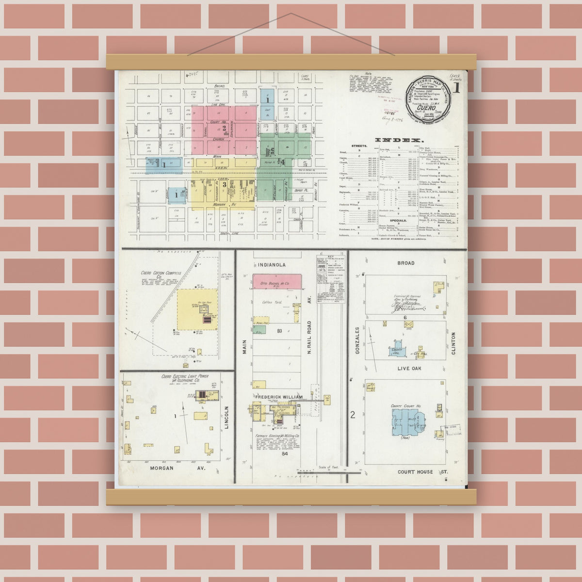Old map wall art mockup — magnetic wood frame on brick wall — Sanborn Fire Insurance Map from Cuero, De Witt County, Texas (1896) - Complete Map Set