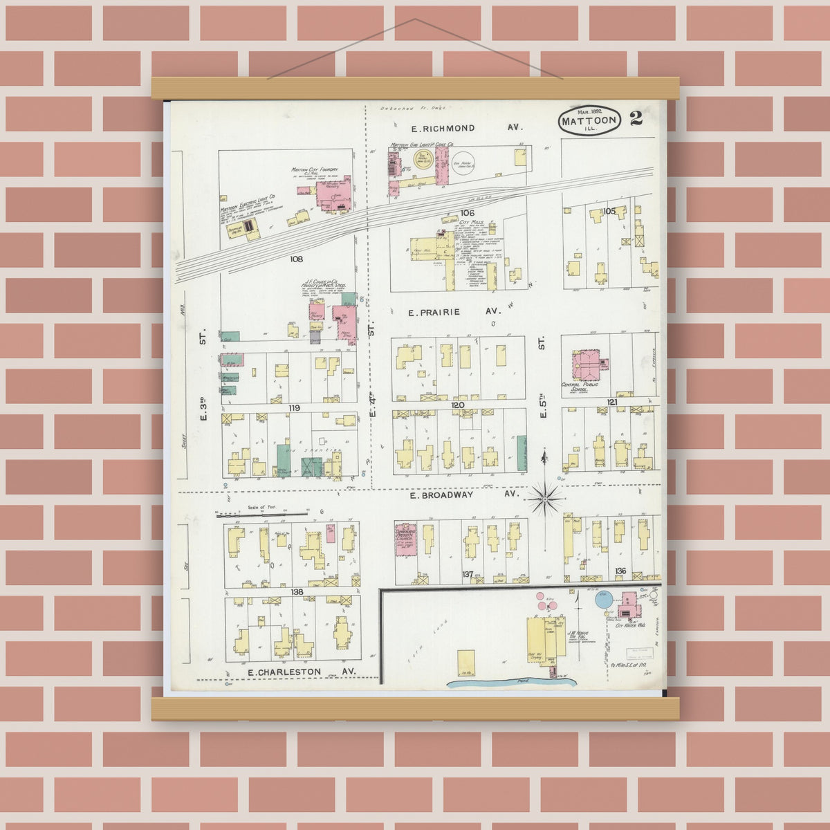 Old map wall art mockup — magnetic wood frame on brick wall — Sanborn Fire Insurance Map from Mattoon, Coles County, Illinois (1892), Sheet #0002