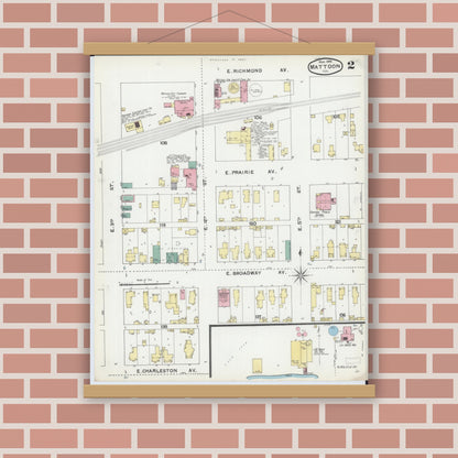 Old map wall art mockup — magnetic wood frame on brick wall — Sanborn Fire Insurance Map from Mattoon, Coles County, Illinois (1892), Sheet #0002
