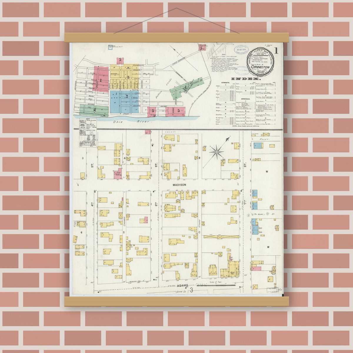 Old map wall art mockup — magnetic wood frame on brick wall — Sanborn Fire Insurance Map from Cannelton, Perry County, Indiana (1898) - Complete Map Set