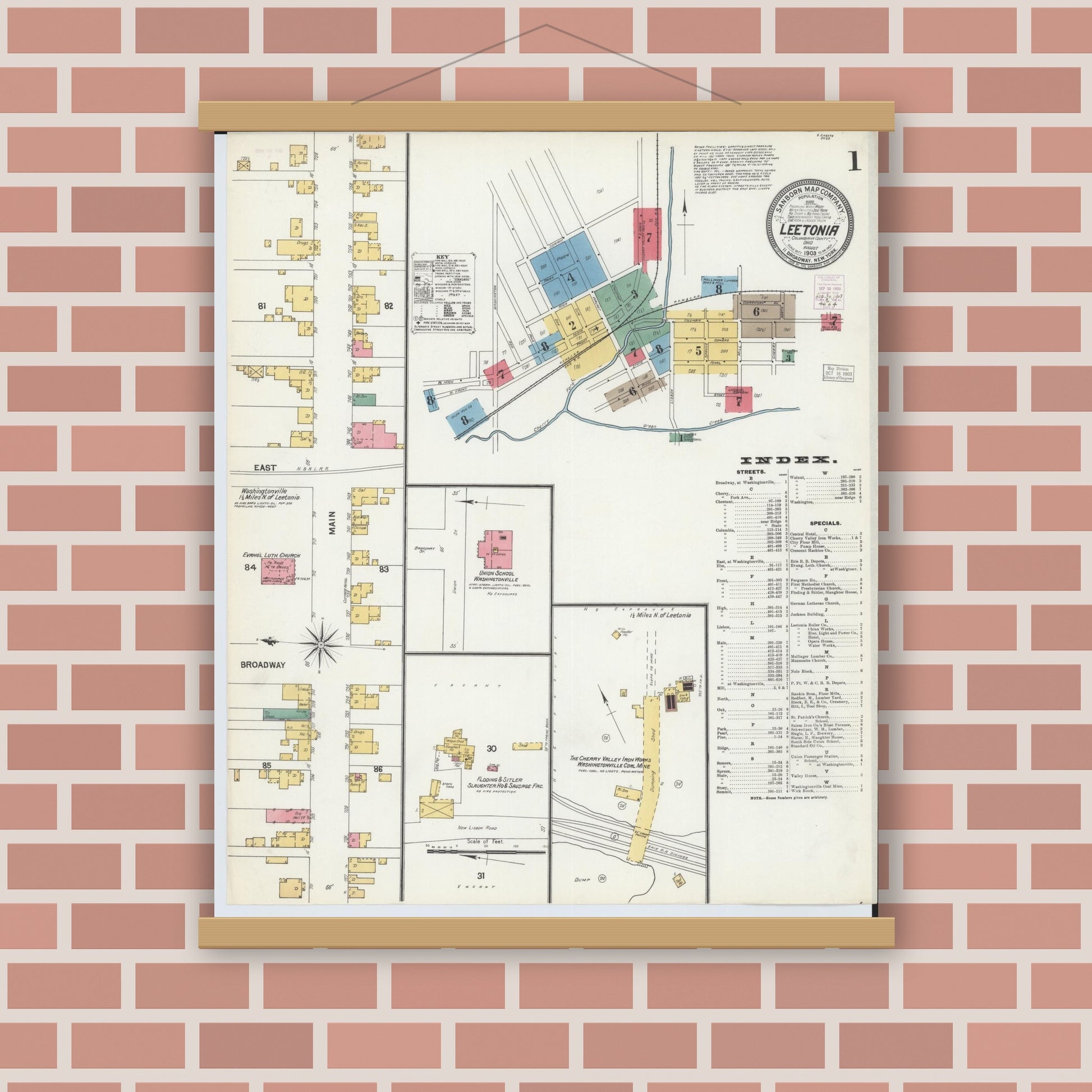 Old map wall art mockup — magnetic wood frame on brick wall — Sanborn Fire Insurance Map from Leetonia, Columbiana County, Ohio (1903), Sheet #0001