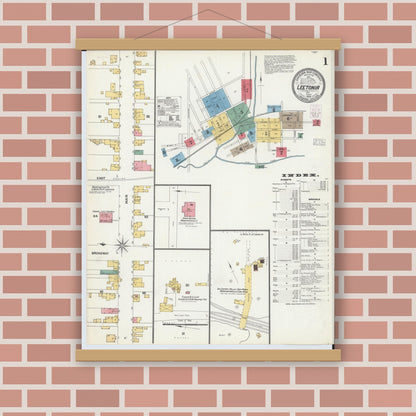 Old map wall art mockup — magnetic wood frame on brick wall — Sanborn Fire Insurance Map from Leetonia, Columbiana County, Ohio (1903), Sheet #0001