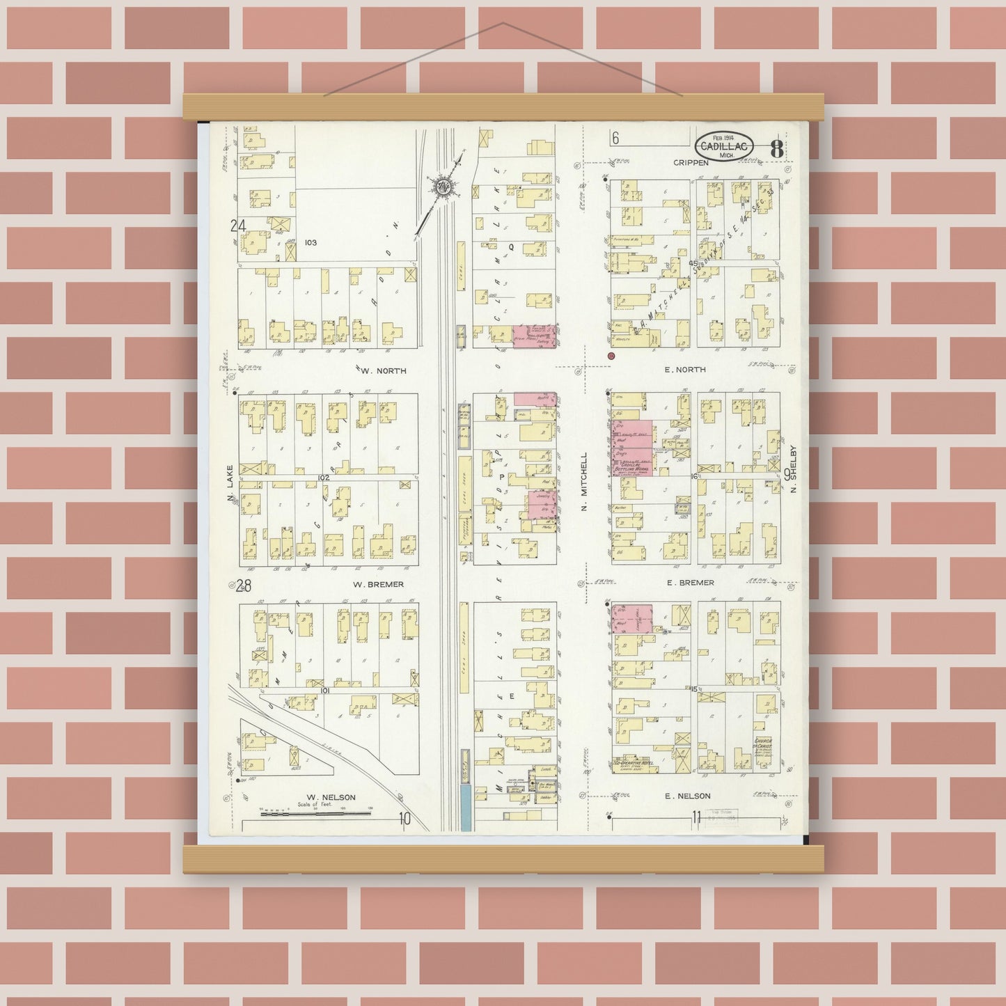 Old map wall art mockup — magnetic wood frame on brick wall — Sanborn Fire Insurance Map from Cadillac, Wexford County, Michigan (1914), Sheet #0008