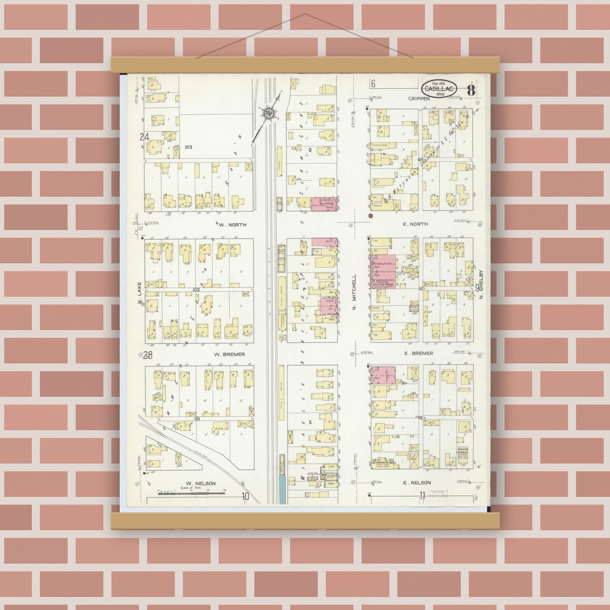 Old map wall art mockup — magnetic wood frame on brick wall — Sanborn Fire Insurance Map from Cadillac, Wexford County, Michigan (1914), Sheet #0008