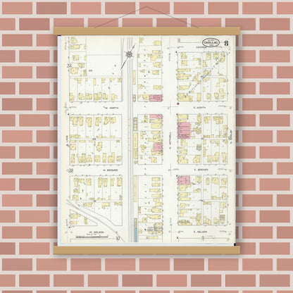 Old map wall art mockup — magnetic wood frame on brick wall — Sanborn Fire Insurance Map from Cadillac, Wexford County, Michigan (1914), Sheet #0008