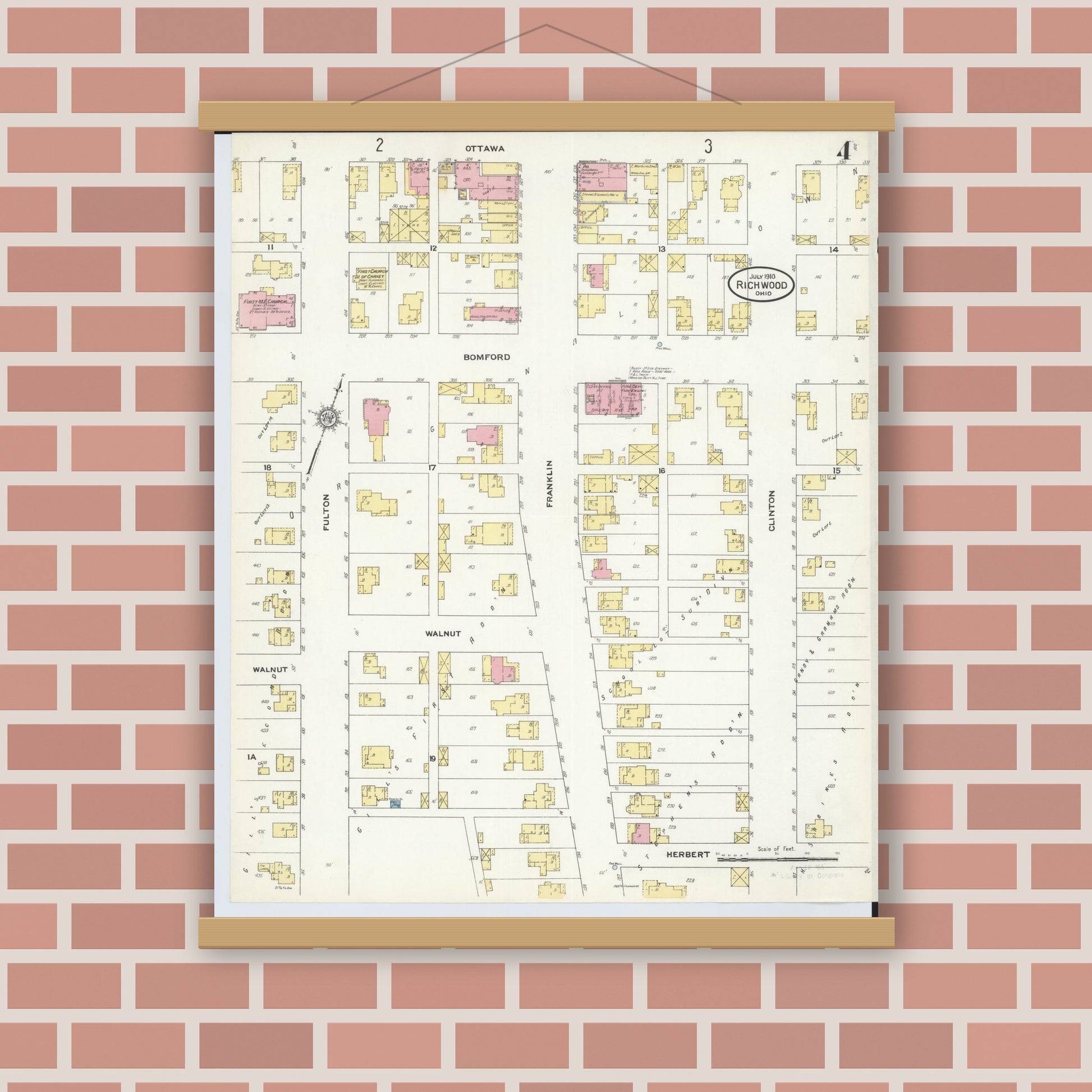 Old map wall art mockup — magnetic wood frame on brick wall — Sanborn Fire Insurance Map from Richwood, Union County, Ohio (1910), Sheet #0004