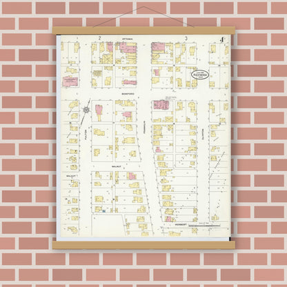 Old map wall art mockup — magnetic wood frame on brick wall — Sanborn Fire Insurance Map from Richwood, Union County, Ohio (1910), Sheet #0004