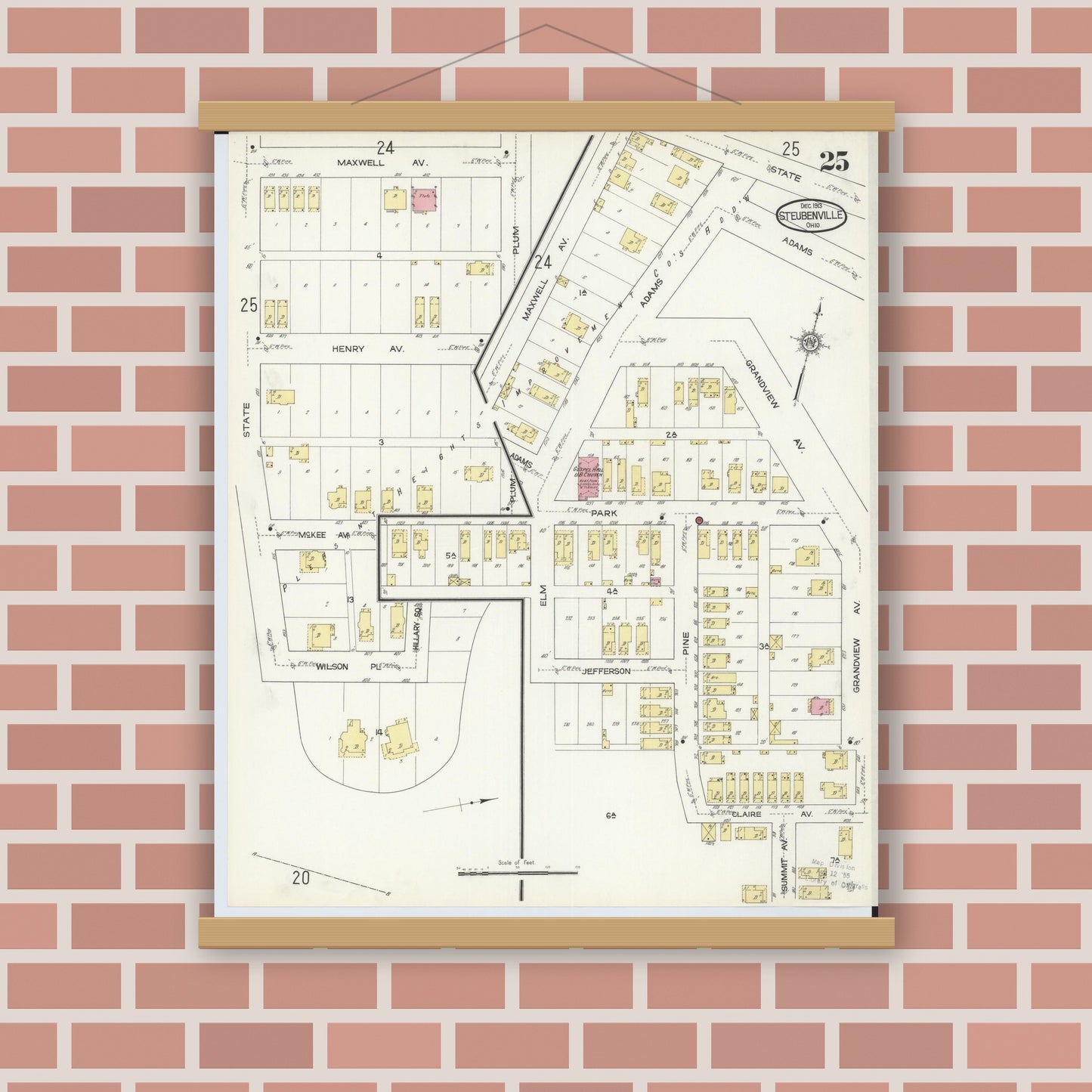 Old map wall art mockup — magnetic wood frame on brick wall — Sanborn Fire Insurance Map from Steubenville, Jefferson County, Ohio (1913), Sheet #0025
